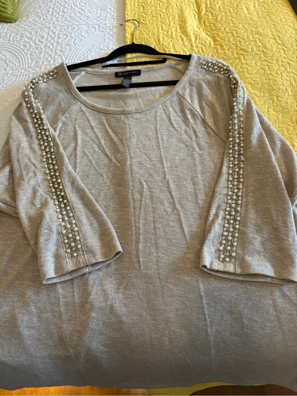 INC International Concepts Beige Pearl-Embellished Knit Top
